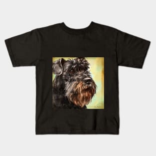 Close up Painting of a Majestic Looking Schnauzer in Yellow Background Kids T-Shirt